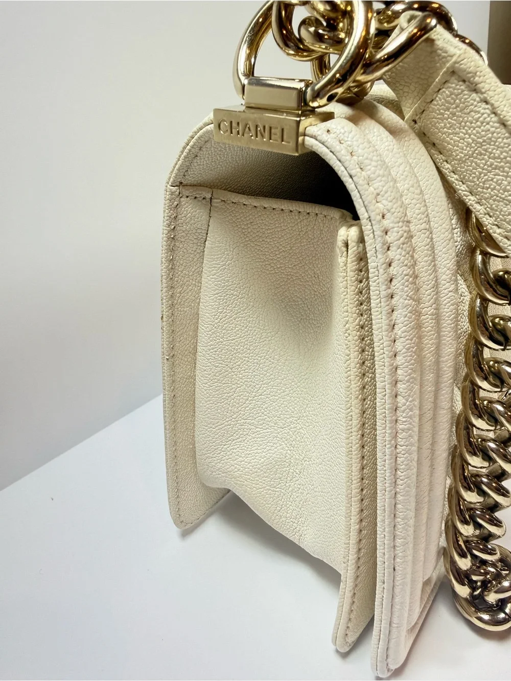 CHANEL MEDIUM cream Chevron Quilted Boy Crossbody with Gold Hardware in Caviar